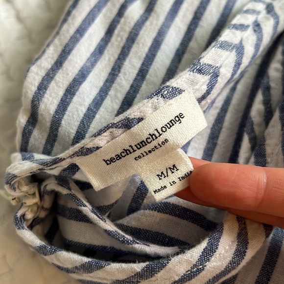 BeachLunchLounge Womens Lennon White Blue Linen-Blend Striped V-Neck Jumpsuit - Picture 12 of 13